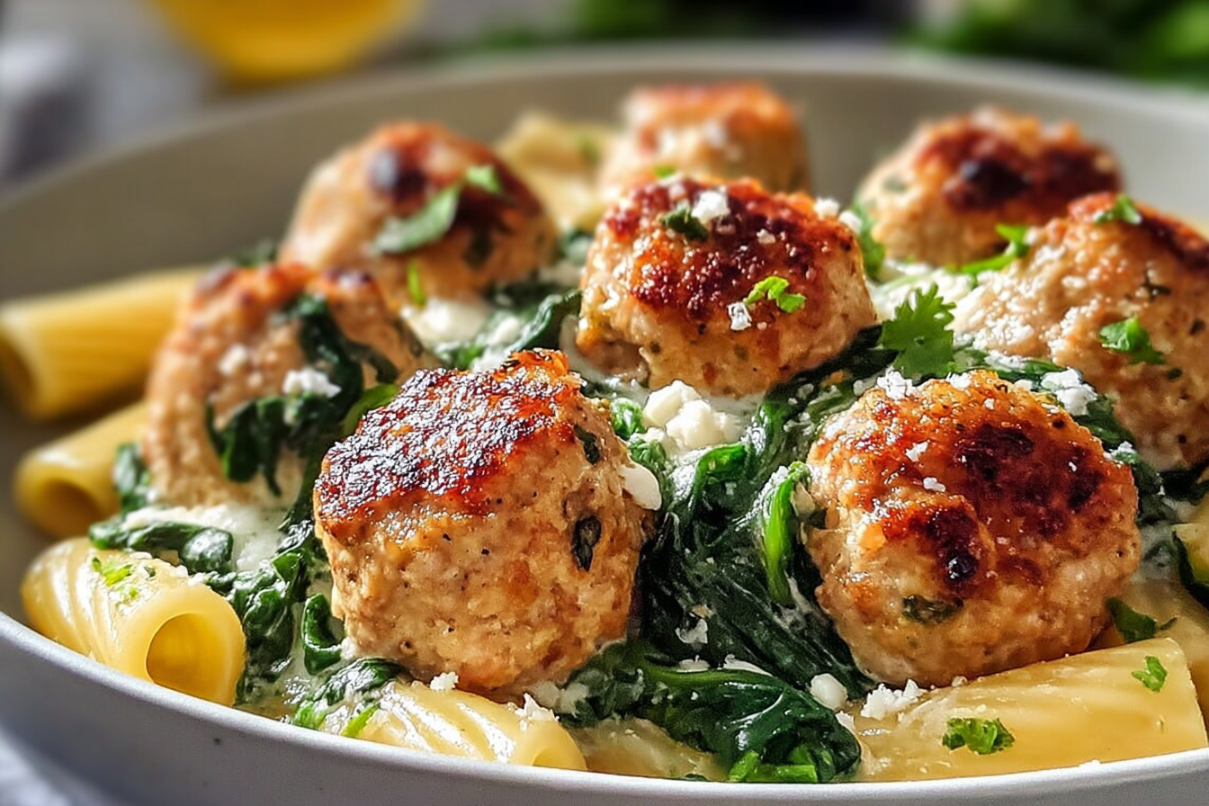 Zesty Turkey & Ricotta Meatballs with Garlic Spinach Rigatoni