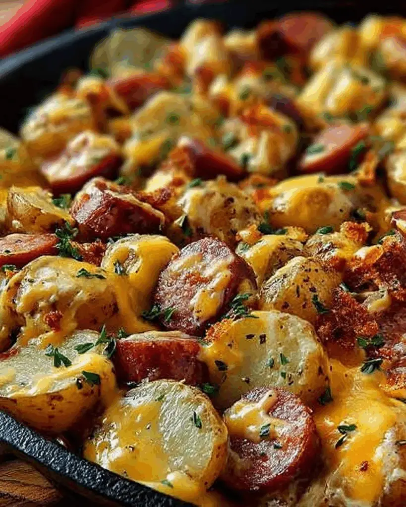 Assembling cheesy ranch potatoes and smoked sausage before baking