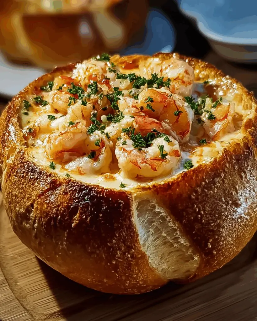 Stuffed seafood bread bowl being assembled with filling and cheese
