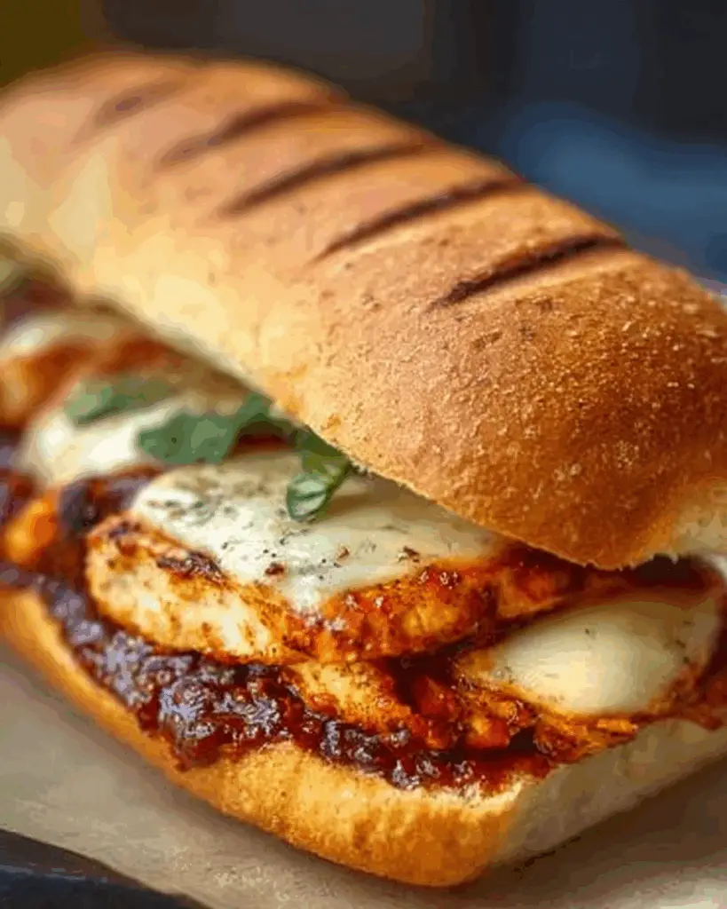 Chef assembling grilled mozzarella BBQ chicken sandwiches