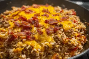 Skillet of bacon cheeseburger rice with cheese and bacon