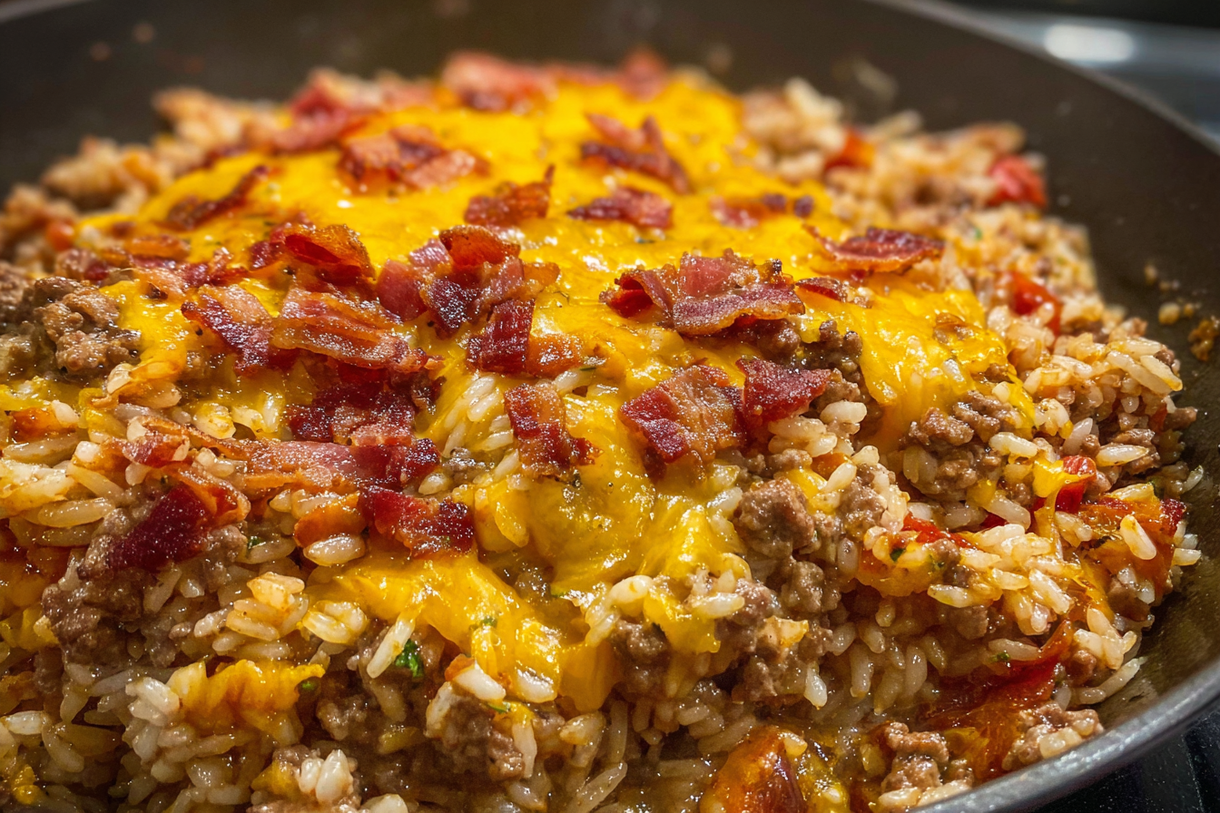 Skillet of bacon cheeseburger rice with cheese and bacon