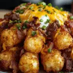 Bacon cheeseburger stuffed tater tot cones on a tray with toppings