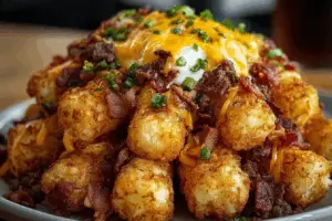Bacon cheeseburger stuffed tater tot cones on a tray with toppings