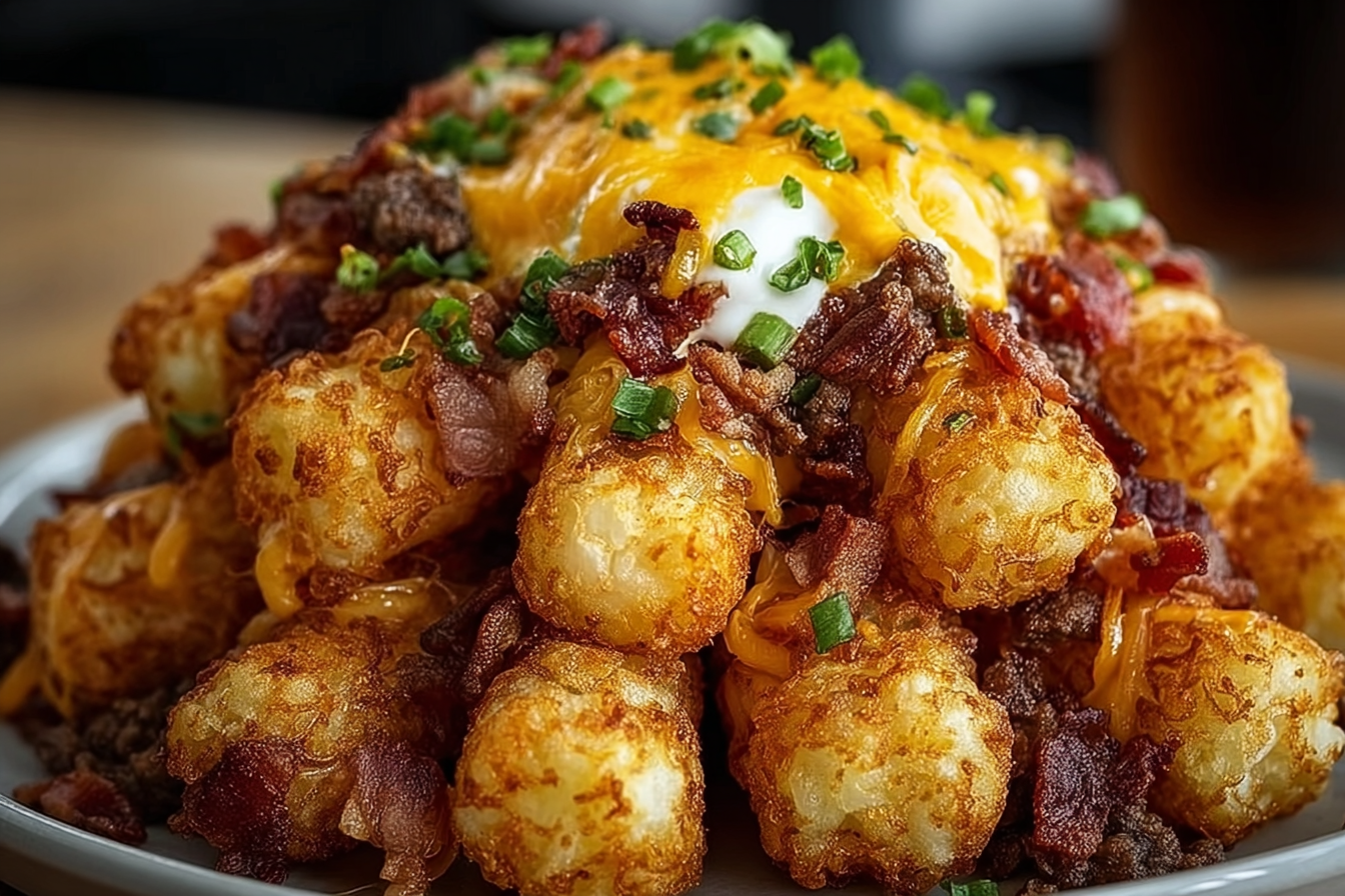 Bacon cheeseburger stuffed tater tot cones on a tray with toppings