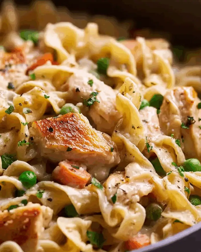 Baked Chicken Pot Pie Pasta casserole with golden crust.