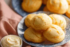 Freshly baked orange cookies in a sunlit kitchen with oranges and baking tools.