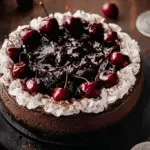 Black Forest Cheesecake on a rustic wooden table with cherries and chocolate