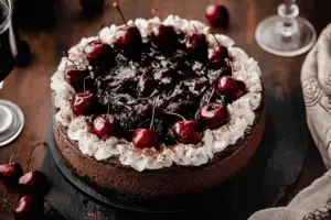 Black Forest Cheesecake on a rustic wooden table with cherries and chocolate