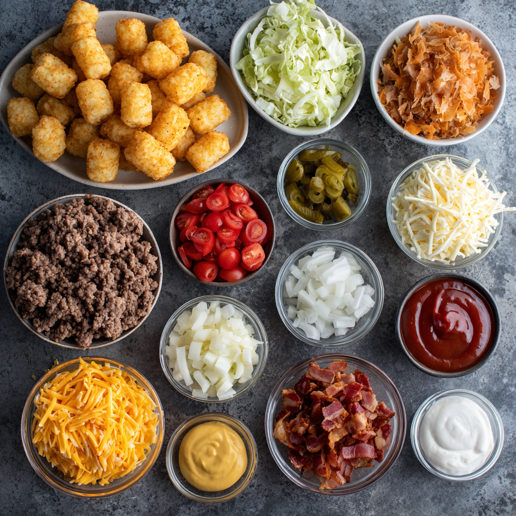 Assembling bacon cheeseburger stuffed tater tot cones in muffin tins