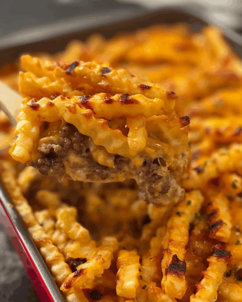 Serving cheeseburger french fry bake with sides