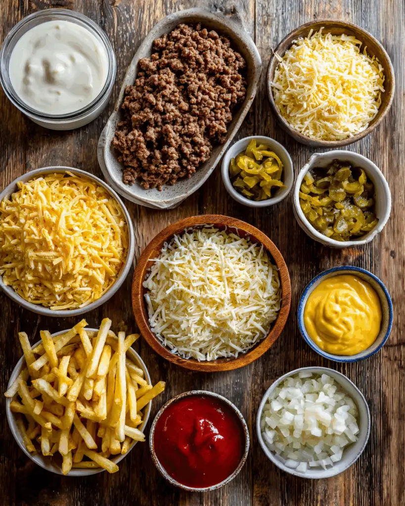 Ingredients for simple cheeseburger french fry bake