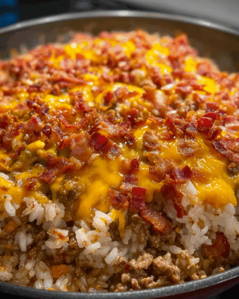 Cheeseburger rice bowl with toppings