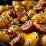 Oven-baked cheesy ranch potatoes and smoked sausage in a casserole dish