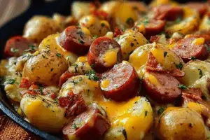 Oven-baked cheesy ranch potatoes and smoked sausage in a casserole dish