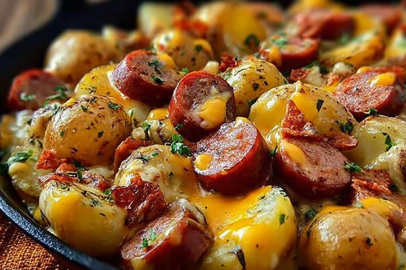 Oven-baked cheesy ranch potatoes and smoked sausage in a casserole dish