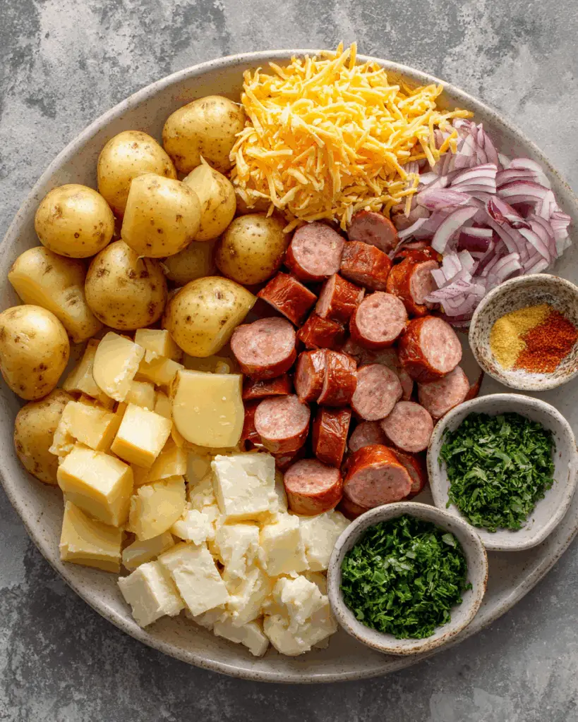 Fresh ingredients for cheesy ranch potatoes and smoked sausage