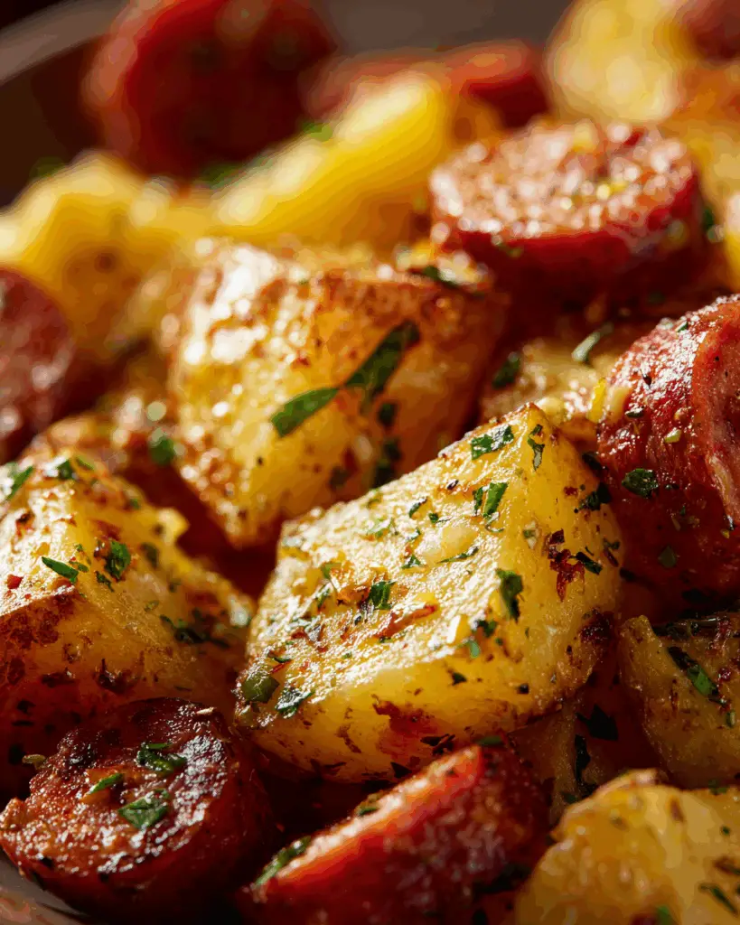 Serving cheesy ranch potatoes and smoked sausage with sides