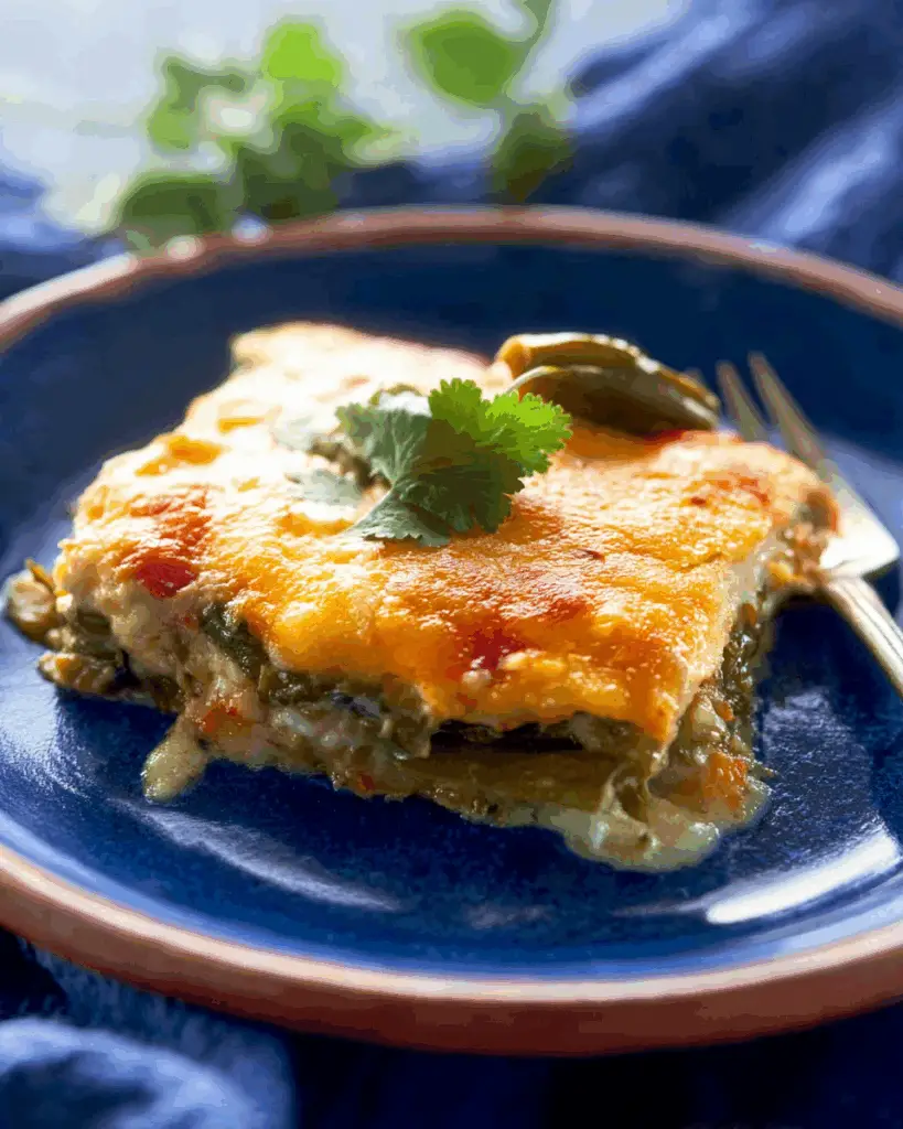 Chicken chile relleno casserole garnished with avocado