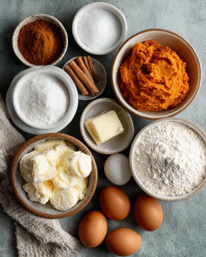 Sweet potato butter cake ingredients arranged on a counter