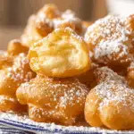 Bowl of funnel cake bites dusted with powdered sugar