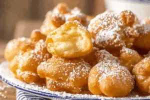 Bowl of funnel cake bites dusted with powdered sugar