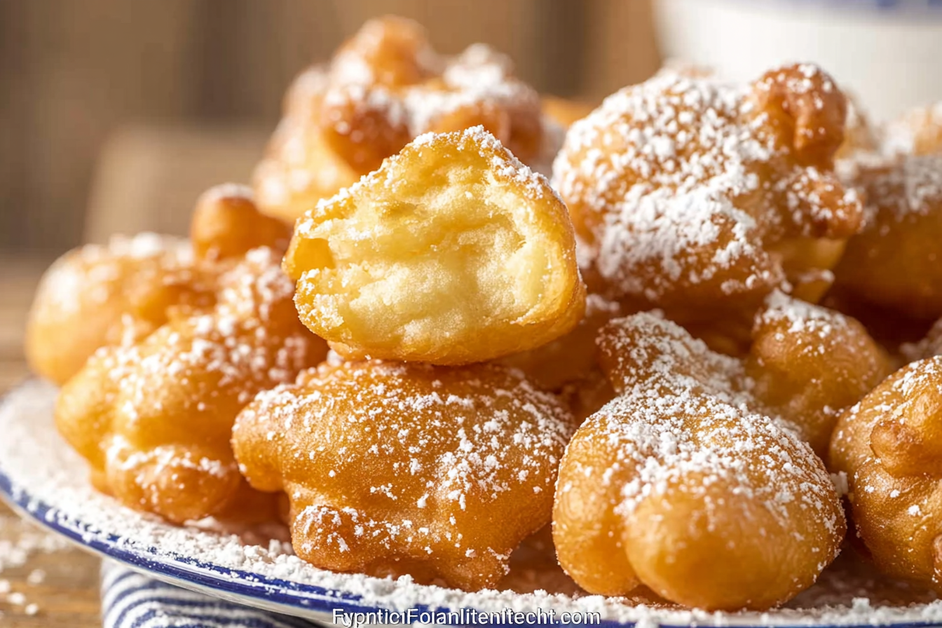 Bowl of funnel cake bites dusted with powdered sugar