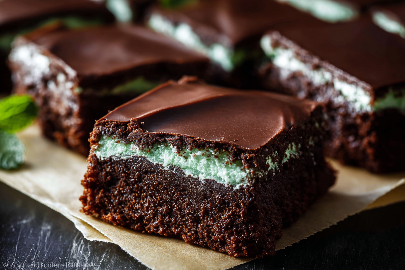 Stack of classic three-layer mint brownies with fresh mint
