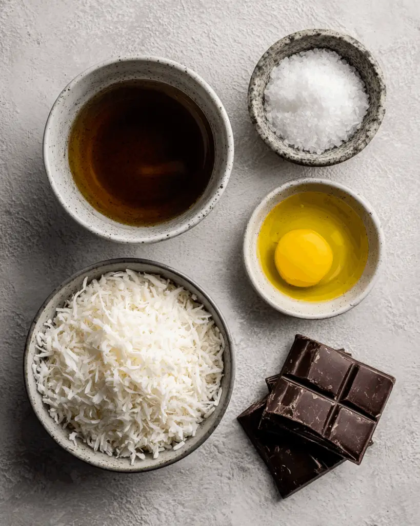 Coconut chocolate bars recipe ingredients flat-lay