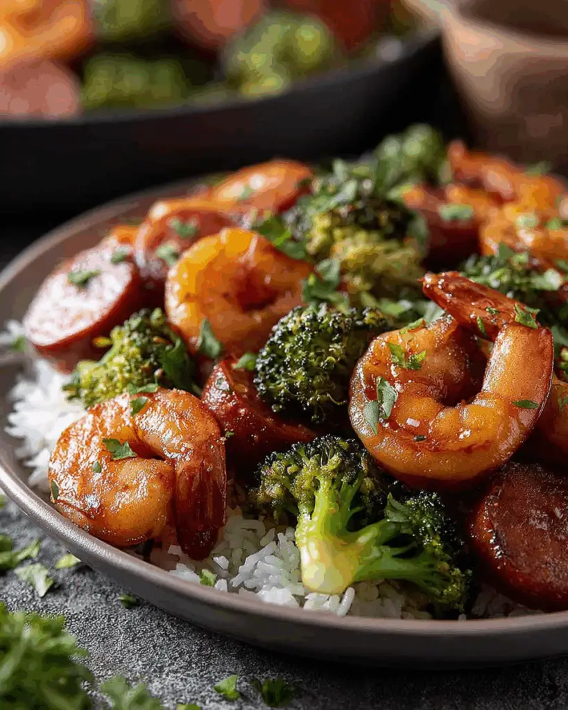 Plated honey garlic shrimp, sausage, and broccoli garnished with parsley