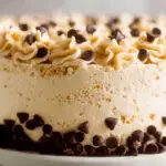 Creamy cannoli cake with chocolate chips on a cake stand
