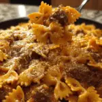 Creamy Velveeta bowtie pasta with Italian beef marinara in a bowl