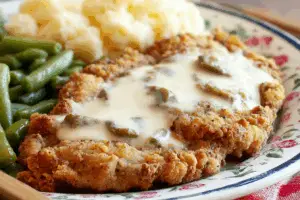 Crispy buttermilk chicken fried steak with country gravy served on a plate.