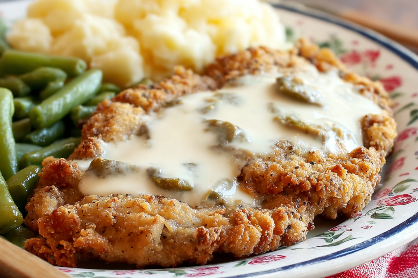 Crispy buttermilk chicken fried steak with country gravy served on a plate.