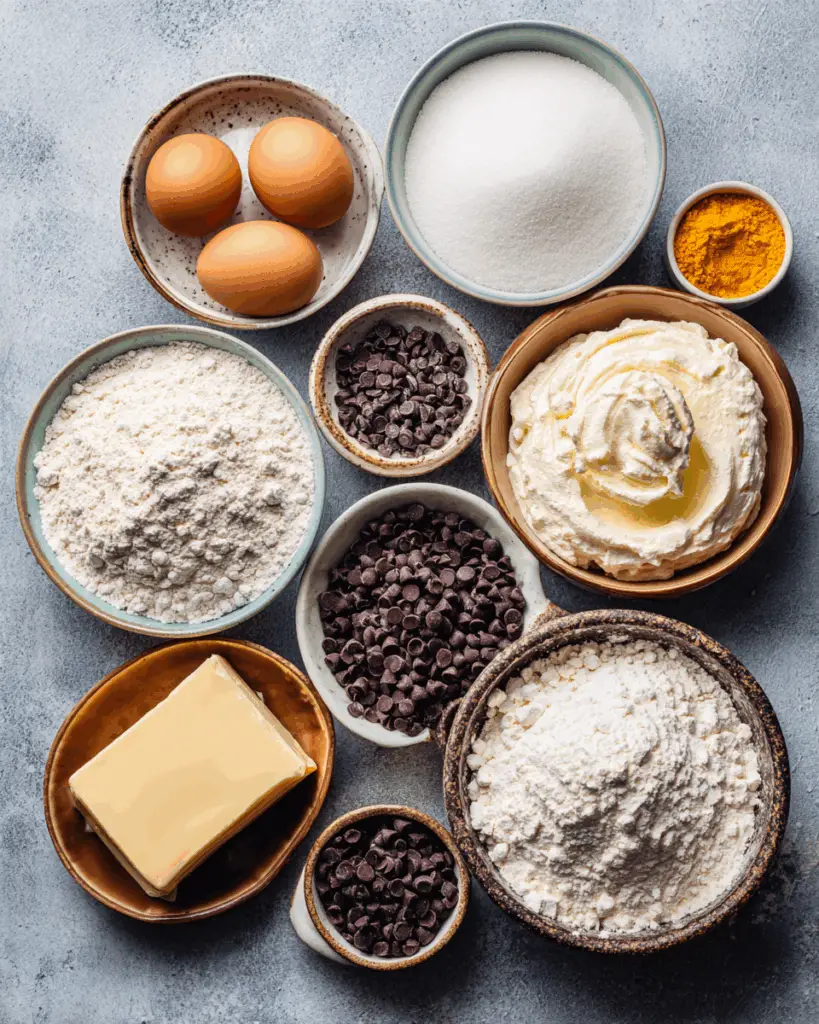 Ingredients for creamy cannoli cake with chocolate chips