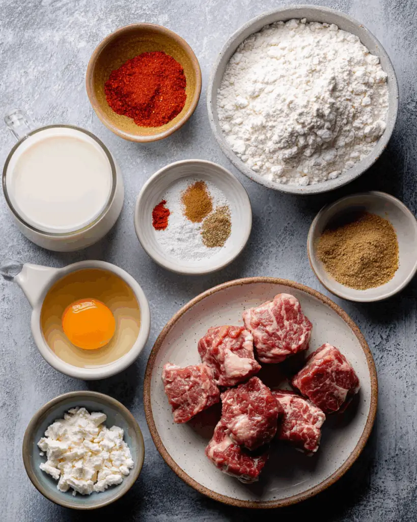 Raw ingredients for making crispy buttermilk chicken fried steak.