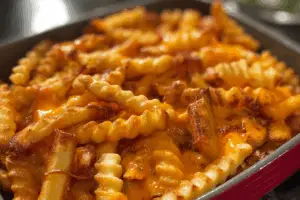 Family preparing cheeseburger french fry bake in a cozy kitchen