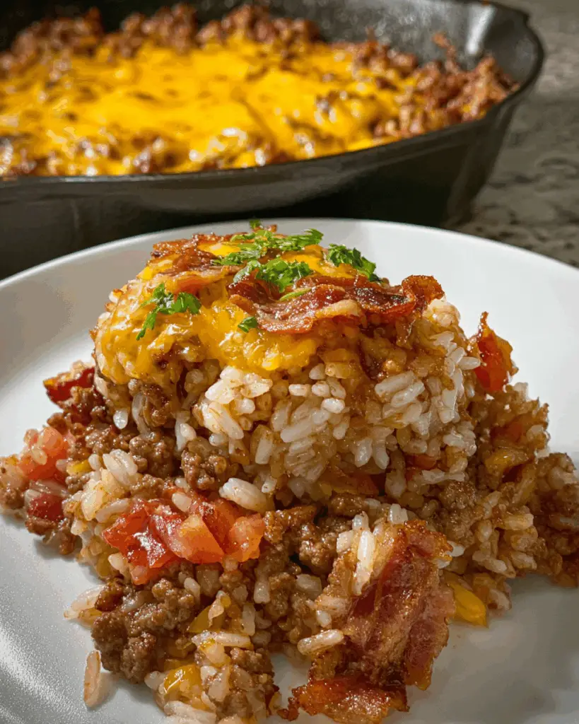 Family serving bacon cheeseburger rice at dinner
