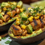 Honey lime chicken stuffed avocados with corn salsa on a wooden table