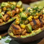 Honey lime chicken stuffed avocados with corn salsa on a wooden table