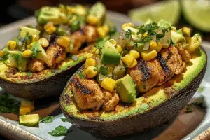 Honey lime chicken stuffed avocados with corn salsa on a wooden table