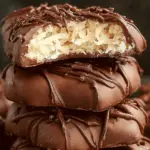 Homemade coconut chocolate bars on a wooden board with coconut flakes