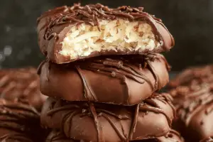 Homemade coconut chocolate bars on a wooden board with coconut flakes