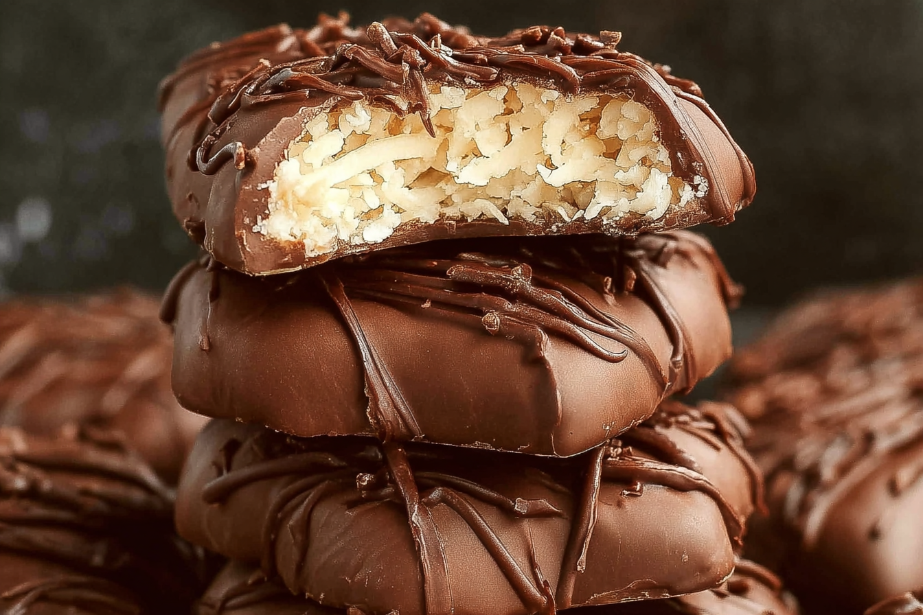 Homemade coconut chocolate bars on a wooden board with coconut flakes