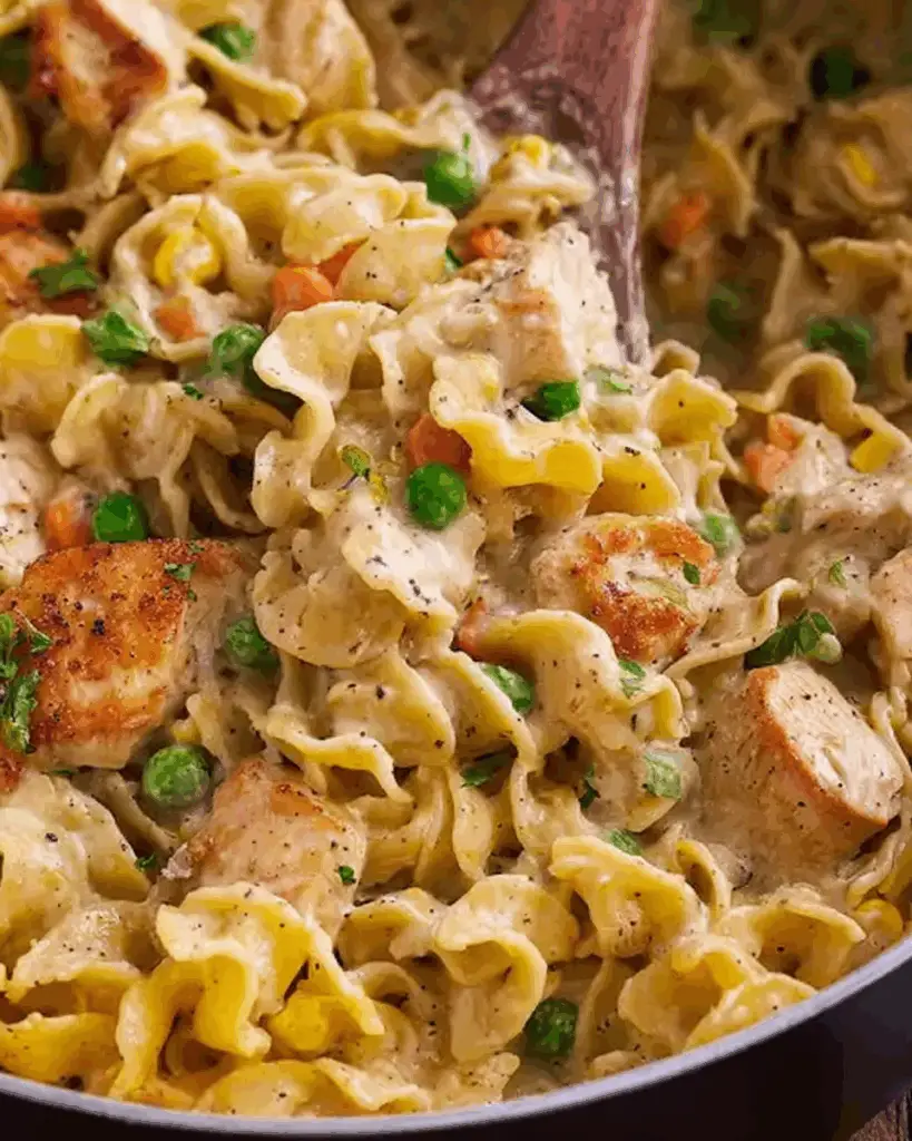 Healthy Chicken Pot Pie Pasta with extra veggies and whole wheat pasta.