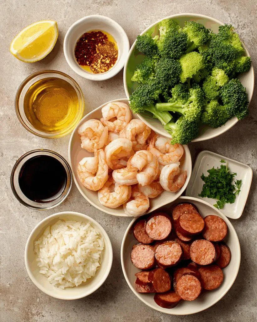 Ingredients for honey garlic shrimp, sausage, and broccoli on a cutting board