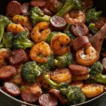 Skillet of honey garlic shrimp, sausage, and broccoli served on rice