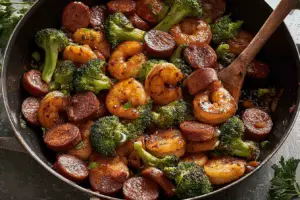 Skillet of honey garlic shrimp, sausage, and broccoli served on rice