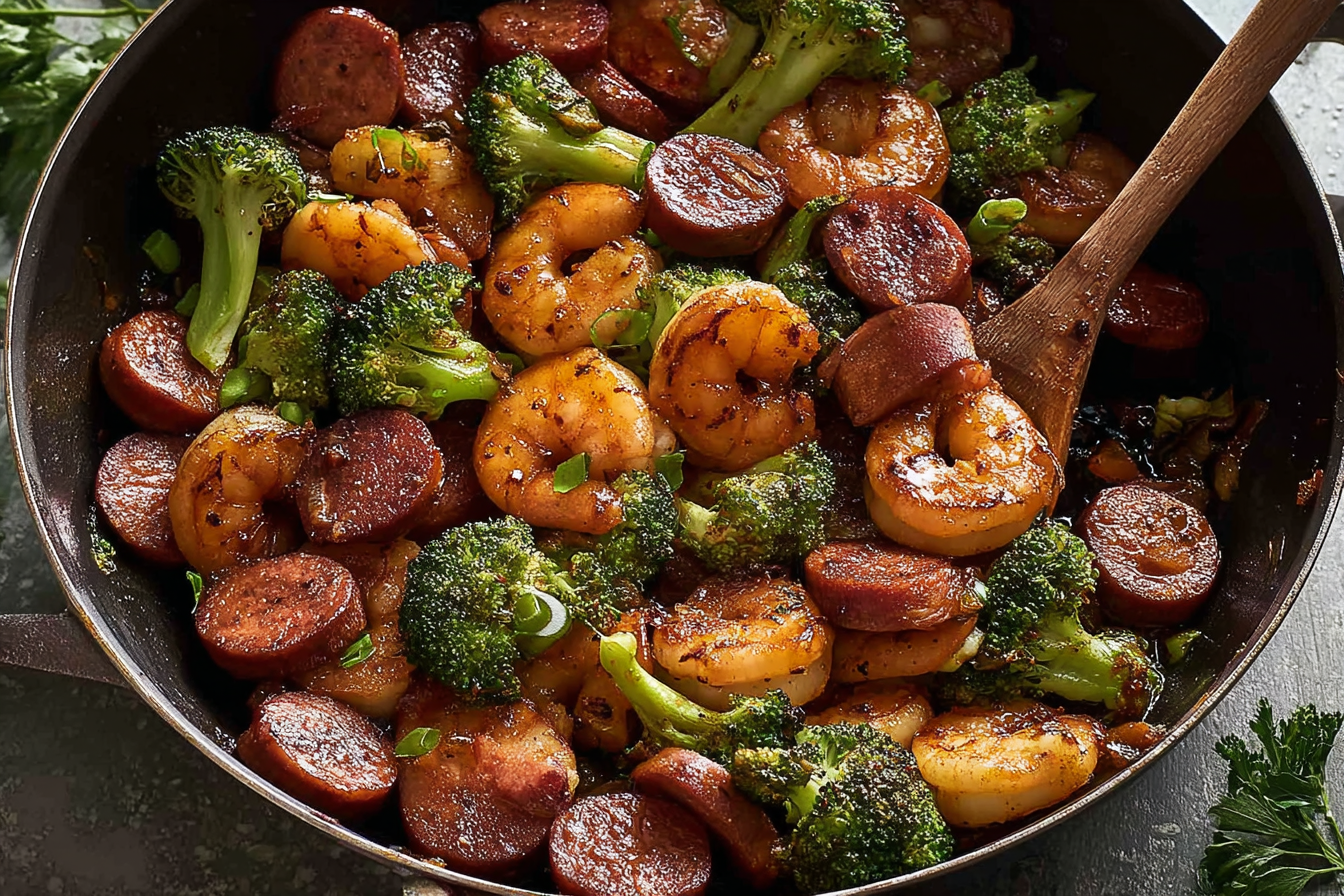 Skillet of honey garlic shrimp, sausage, and broccoli served on rice