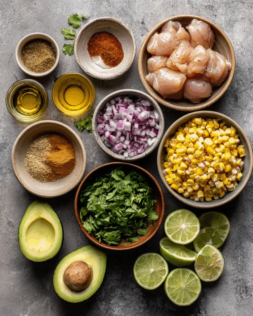 Ingredients for honey lime chicken stuffed avocados with corn salsa